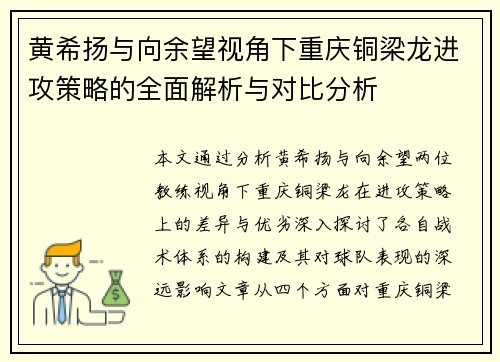 黄希扬与向余望视角下重庆铜梁龙进攻策略的全面解析与对比分析